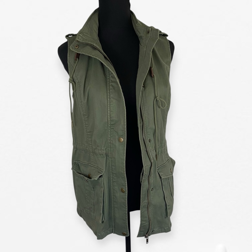 Market & Spruce Green Jean zip up Utility Vest with Hood S